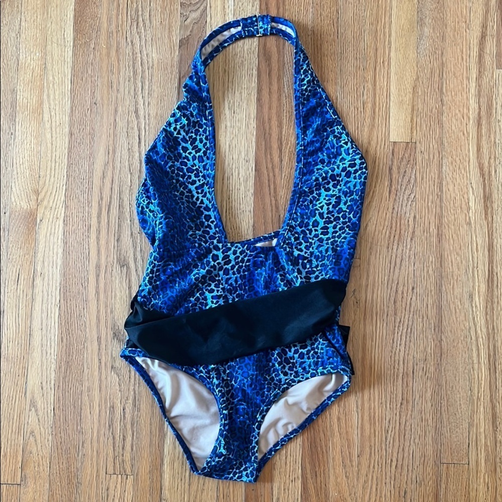 Frederick's of Hollywood Blue and Black One Piece Swimsuit Halter Neck